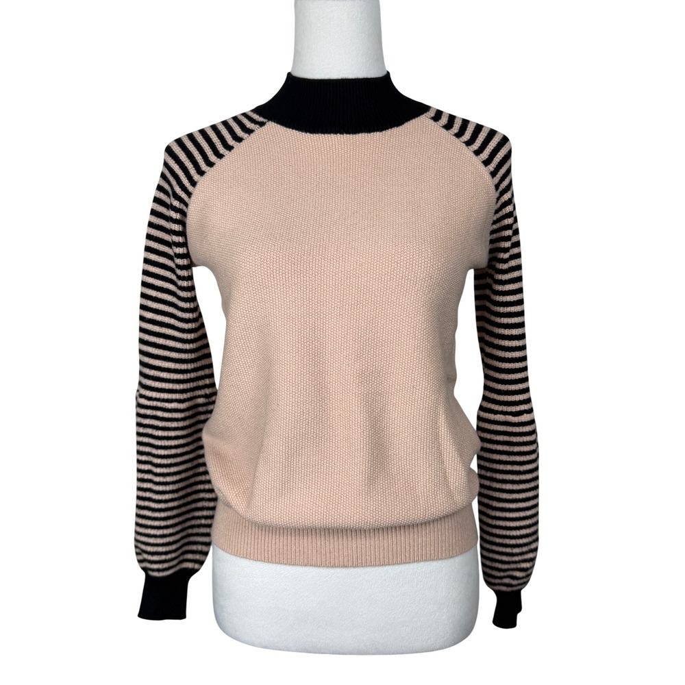 Society22 Women Sweater Size S Pink Black Striped Raglan Mock Neck Ribbed Knit